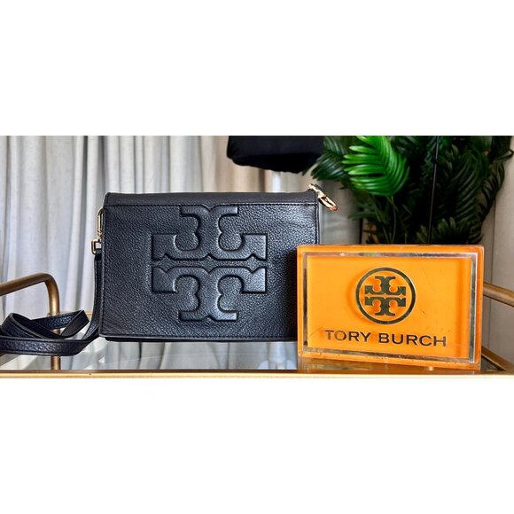 RARE!!! TORY BURCH BLACK LEATHER BOMBE SHOULDER BAG/CROSSBODY - Picture 2 of 13